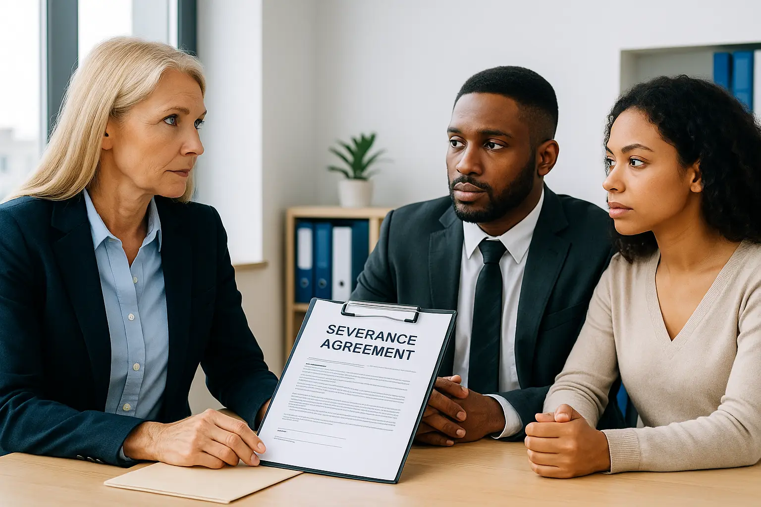 Three professionals in discussion, reviewing a severance agreement document.
