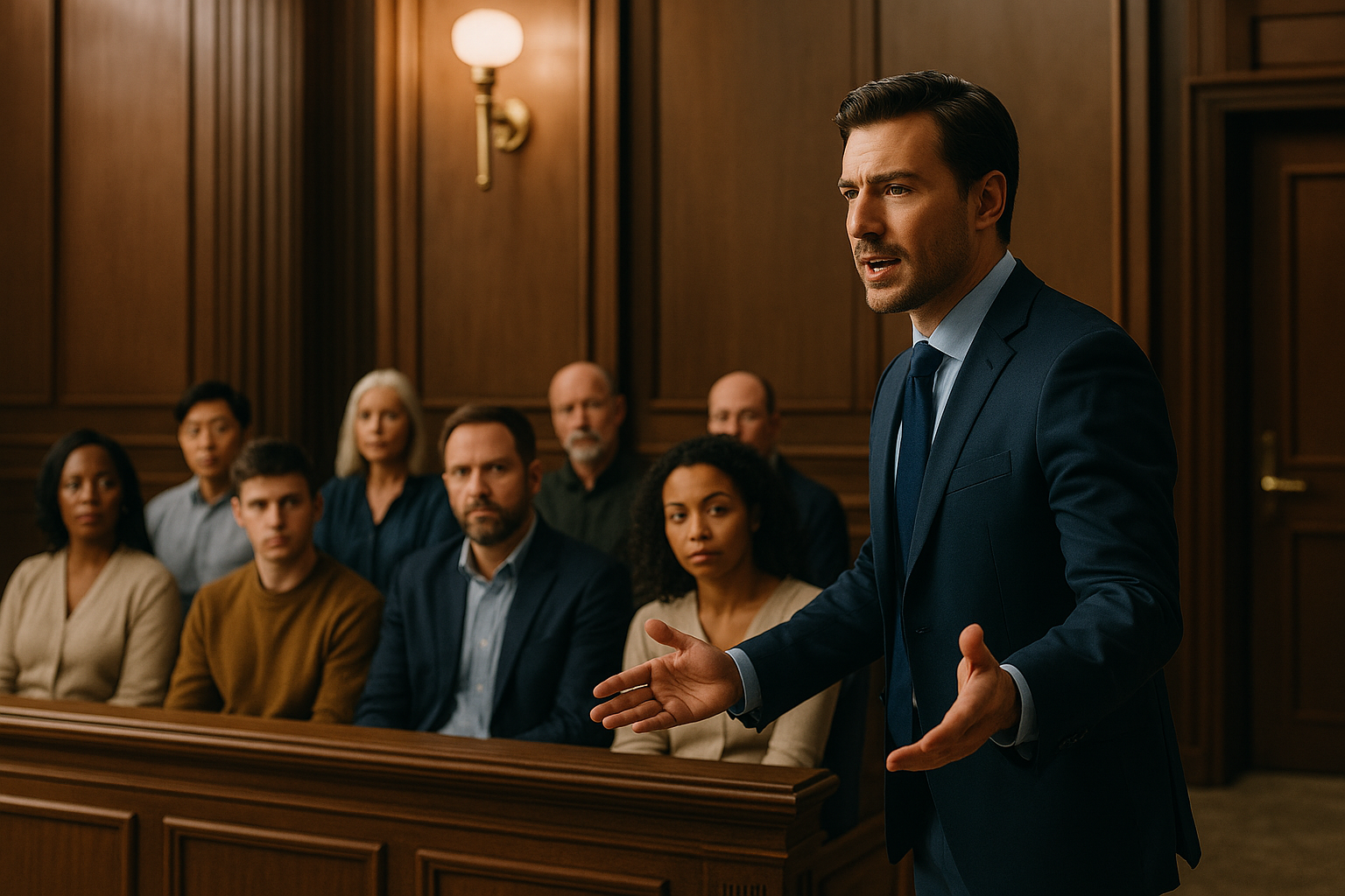 Trial attorney delivering a closing argument to a jury in a courtroom, confidently gesturing while jurors listen attentively in the background.