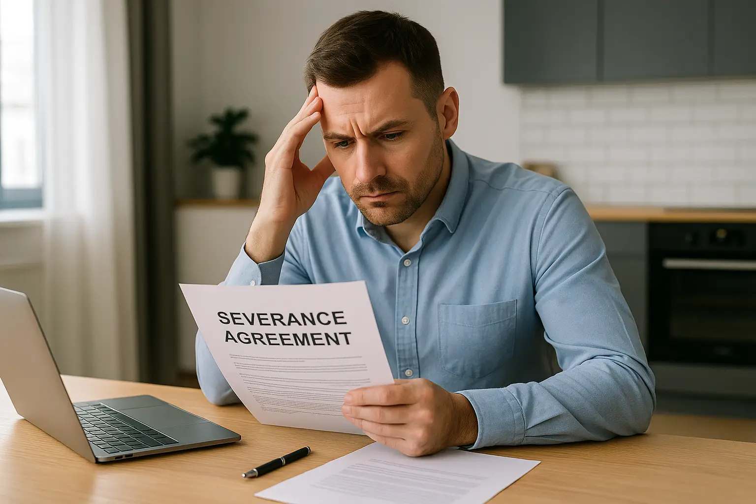 Professional man reviewing severance agreement paperwork at home, appearing concerned.