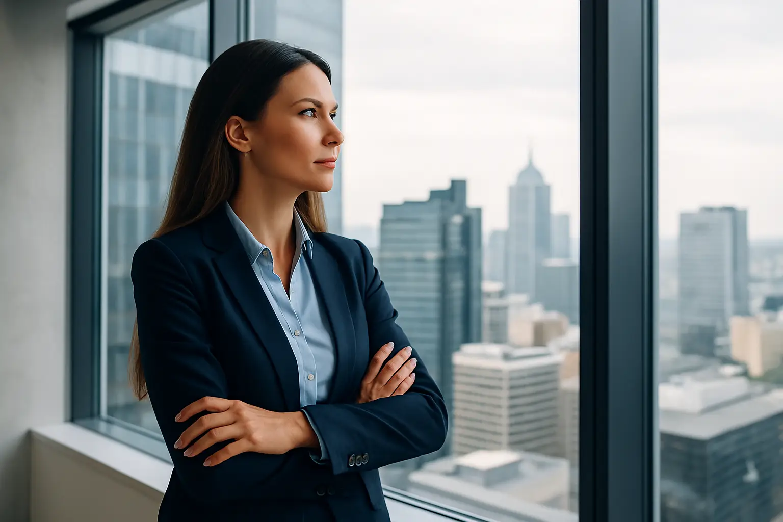 Professional woman in business attire looking out office window, appearing thoughtful and reflective, symbolizing contemplation of future career decisions.